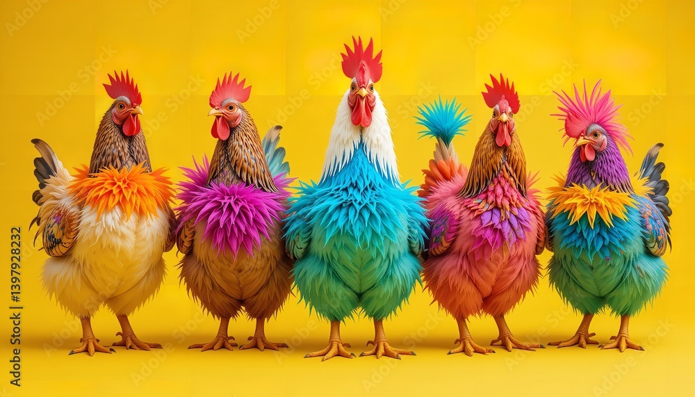 Fototapeta premium Group of chicken in funky Wacky wild mismatch colorful outfits on a bright yellow background.