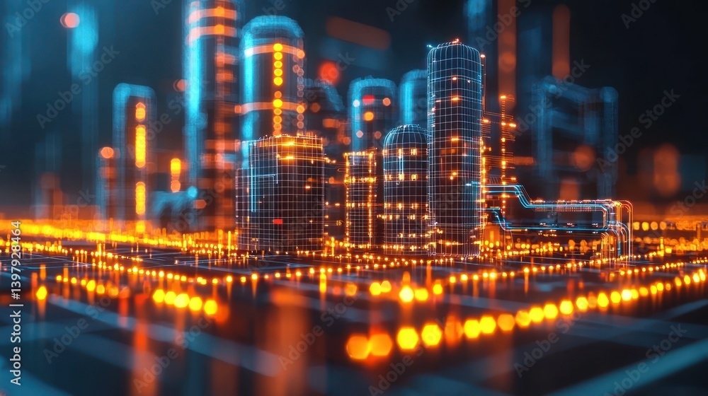 Fototapeta premium Futuristic Cityscape: A Digital Metropolis of Light and Wireframe Architecture