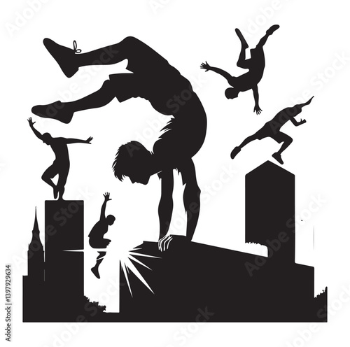 Silhouettes of parkour sports player vector.