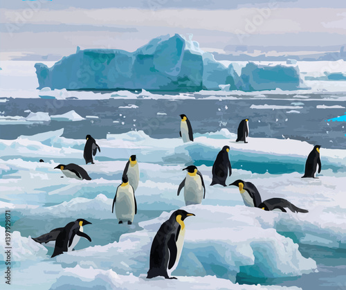 illustration iceberg snow crystal penguin Spheniscidae polar landscape antartica
