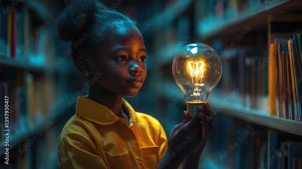 equality education volunteer service concept picture of underprivileged African primary student with glowing light bulb in hand at library bookshelves.