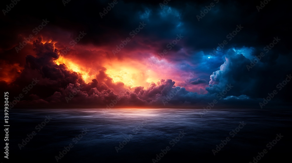 Fiery Sunset Storm Over Dramatic Ocean.