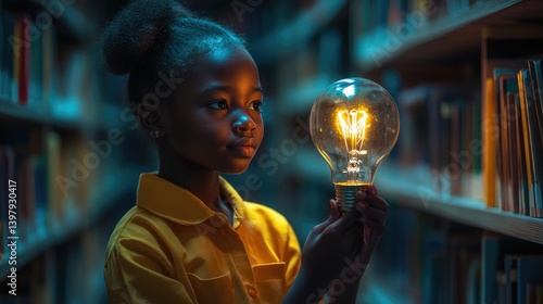 Obraz na płótnie equality education volunteer service concept picture of underprivileged African primary student with glowing light bulb in hand at library bookshelves. w salonie