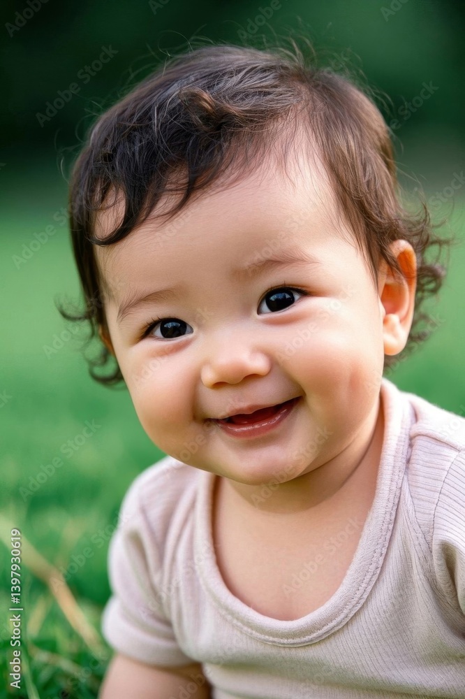smiling baby in a white shirt sitting on the grass smiling baby in a white shirt sitting on the grass