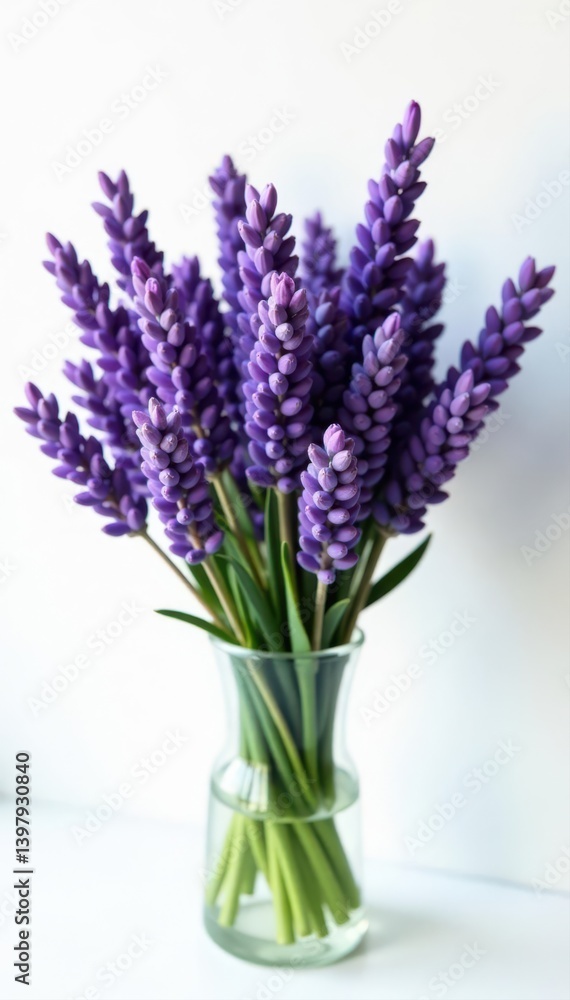 Obraz premium Luxurious lavender bouquet, stark white setting, plant, calming, closeup