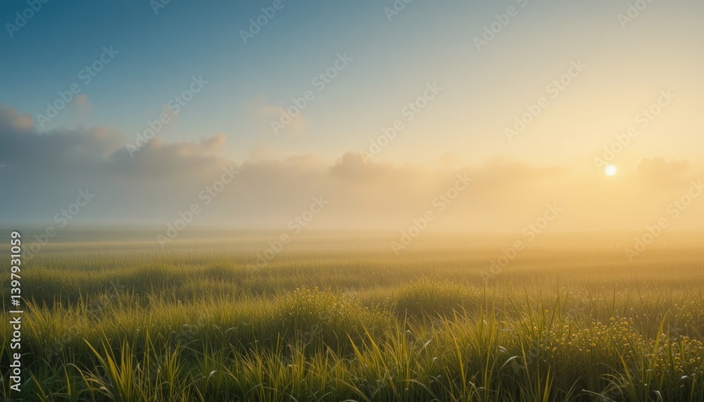 Morning mist rising over tranquil green fields nature's serenity landscape photography early light peaceful environment Morning mist rising over tranquil green fields nature's serenity landscape photography early light peaceful environment