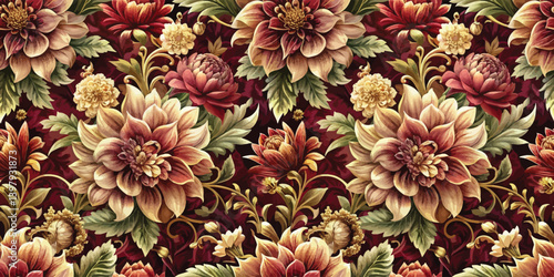 Elegant floral pattern featuring large blossoms on a rich burgundy background.
