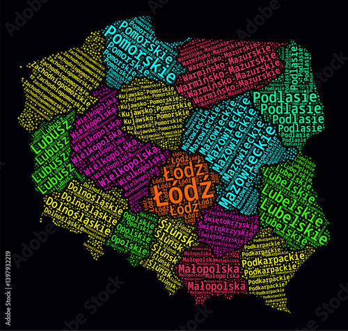 Poland Word Cloud. Region names of the country in Polish language. Bright neon style design on dark background. Poland shape with administrative division. Vibrant vector illustration.