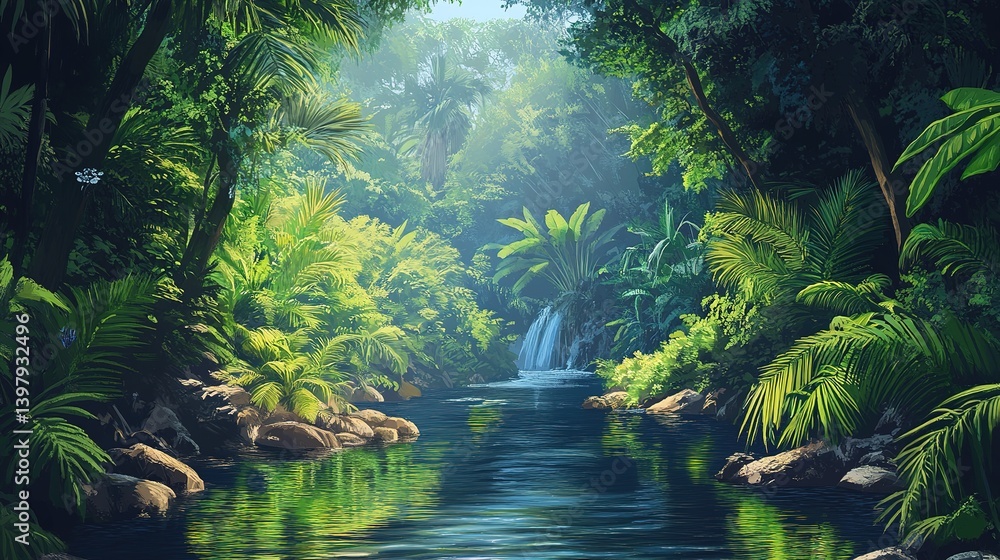 Deep jungle river with exotic wildlife and tropical trees. Deep jungle river with exotic wildlife and tropical trees.