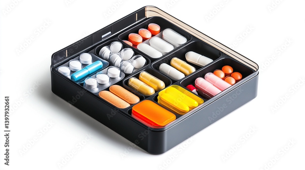 Medication organizer with various pills and capsules. Medication organizer with various pills and capsules.