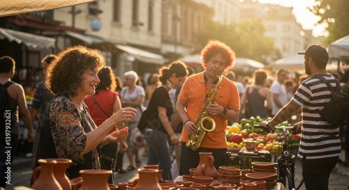 Cheerful Woman Browsing Handmade Pottery at Vibrant Outdoor Market with Street Musician