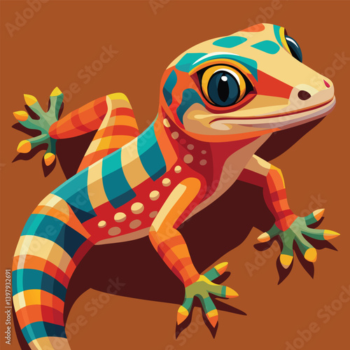 Colorful Abstract Gecko Illustration with Bright Patterns on Brown Background