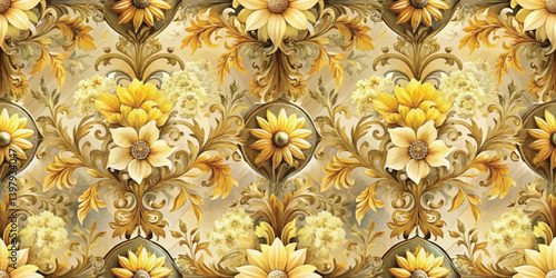 Intricate floral pattern featuring golden yellow blossoms and ornate leaves.