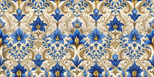 Elegant blue floral pattern on a beige background, perfect for textiles.