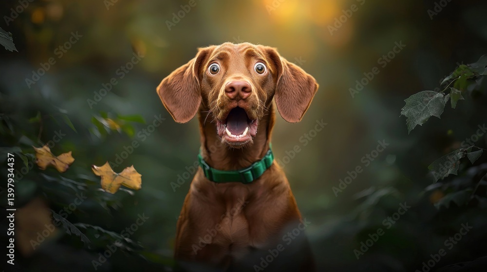Surprised brown dog with wide eyes in a forest setting