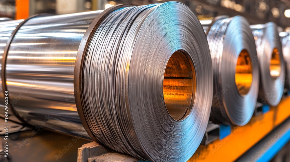 Rolled steel coils stacked in a manufacturing facility, showcasing industrial production