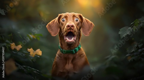 Obraz na płótnie Surprised brown dog with wide eyes in a forest setting w salonie