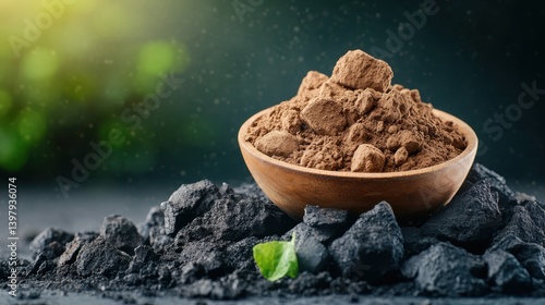 This image captures a wooden bowl filled with fine, dark powder, surrounded by rough textured materials, evoking a sense of natural beauty and earthly connections.