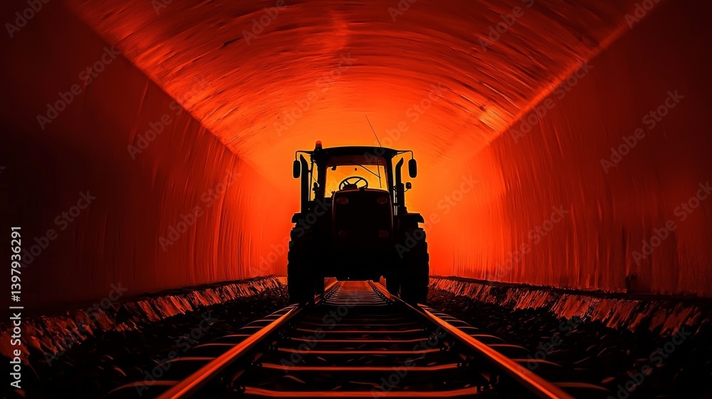 Tractor silhouette in a tunnel with vibrant orange lighting