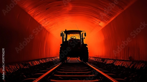 Obraz na płótnie Tractor silhouette in a tunnel with vibrant orange lighting w salonie