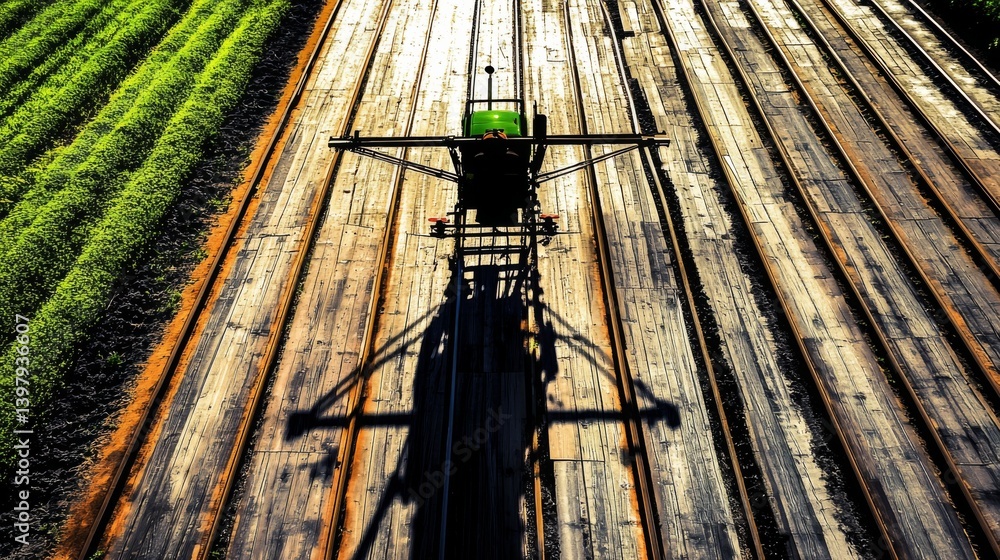 Aerial view of a tractor working on a farm field during sunset