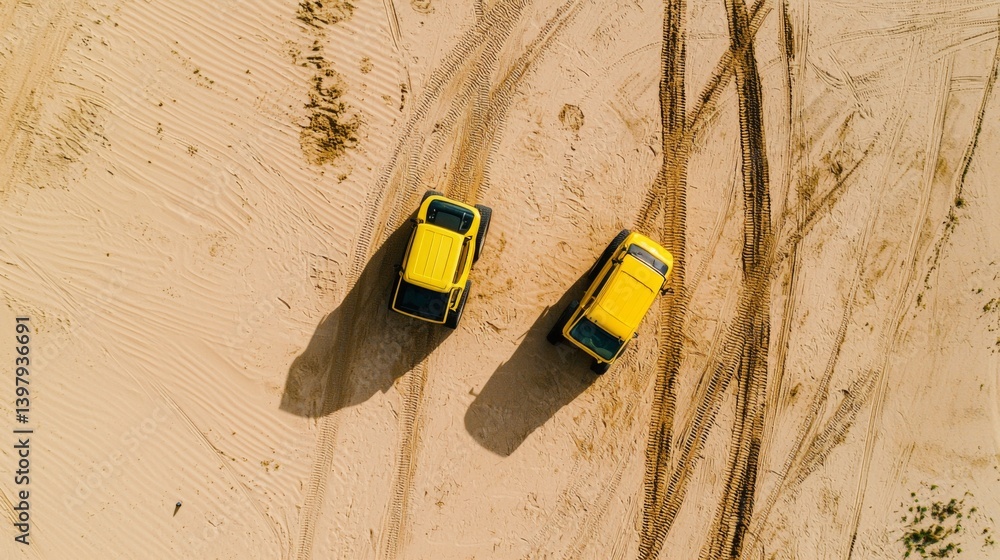 Two yellow off-road vehicles parked on sandy terrain with tire tracks