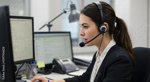 Focused businesswoman using headset while working at computer  