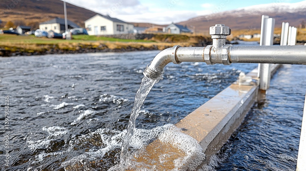 Water flowing from a metal pipe into a clear stream in a rural area