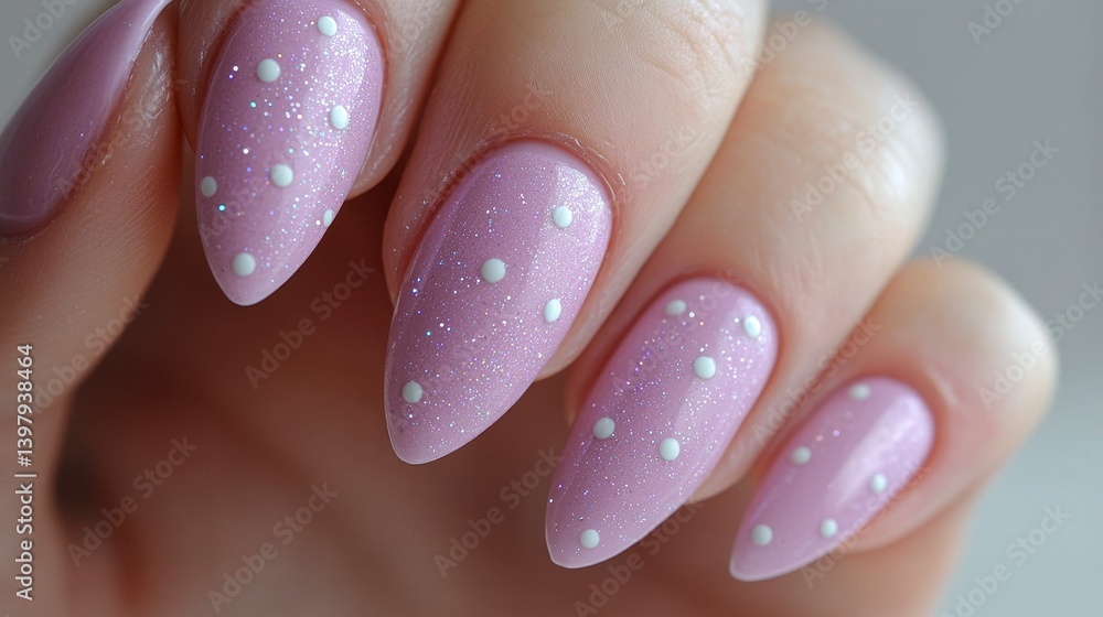 Elegant Pink Nail Art with White Dots and Sparkling Finish Elegant Pink Nail Art with White Dots and Sparkling Finish