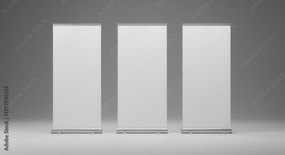 Three blank white roll-up pop-up pull-up stand banners, poster mockup template isolated on clean neutral grey studio backdrop, advert, promo, marketing, trade show expo, presentation, workshop event Three blank white roll-up pop-up pull-up stand banners, poster mockup template isolated on clean neutral grey studio backdrop, advert, promo, marketing, trade show expo, presentation, workshop event