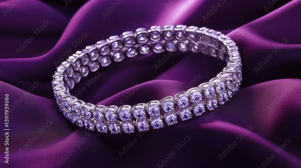 Obraz premium Top-down shot of diamond bracelet elegantly arranged on dark plum silk