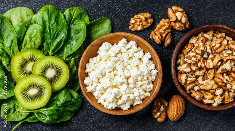 Fototapeta premium Healthy Breakfast Flat Lay Cottage Cheese with Kiwi, Walnuts, and Spinach