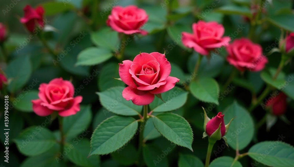 Small scale repeating rose buds, green leaves, leaves, design, fabric Small scale repeating rose buds, green leaves, leaves, design, fabric