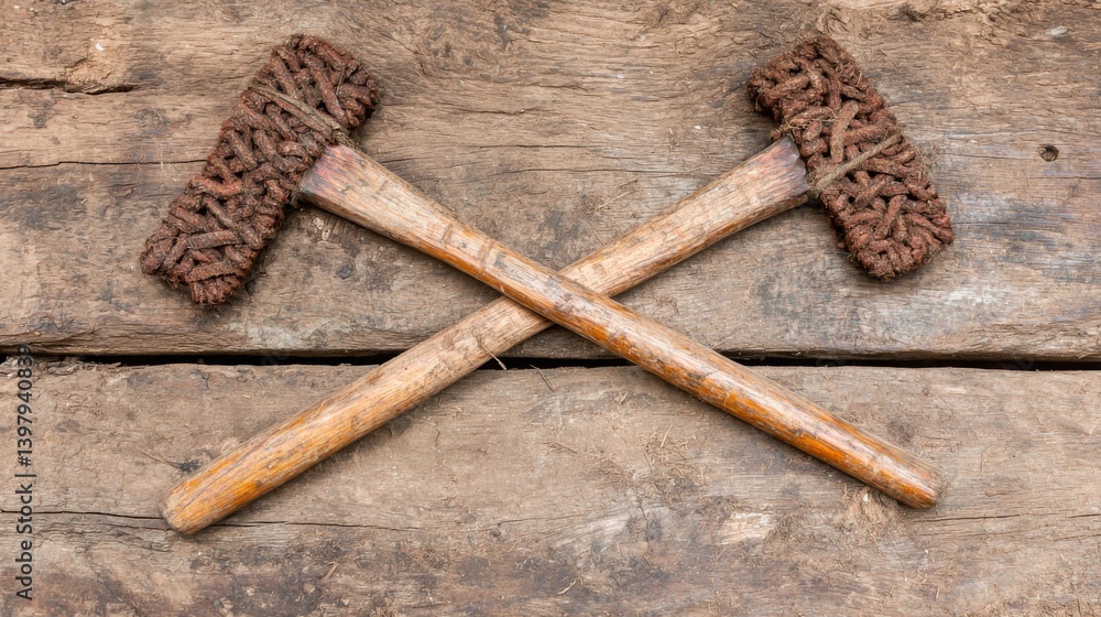 Two wooden mallets crossed on a rustic wooden surface