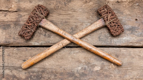 Obraz na płótnie Two wooden mallets crossed on a rustic wooden surface w salonie