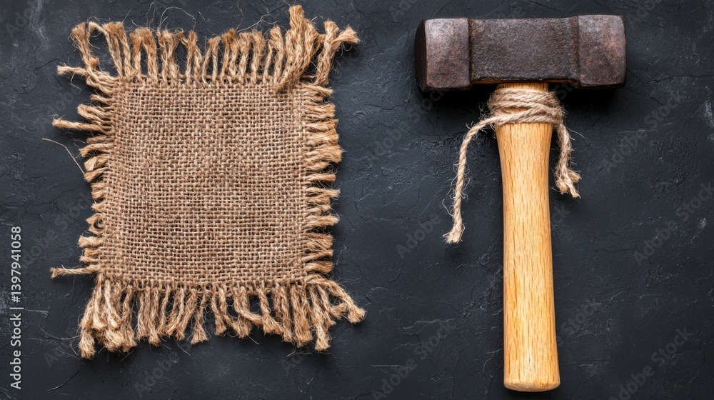 Hammer and burlap fabric on a dark textured background
