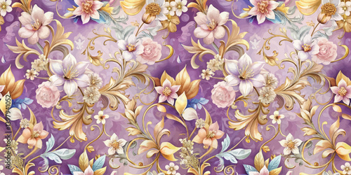 Elegant floral pattern with vibrant colors on a purple background.