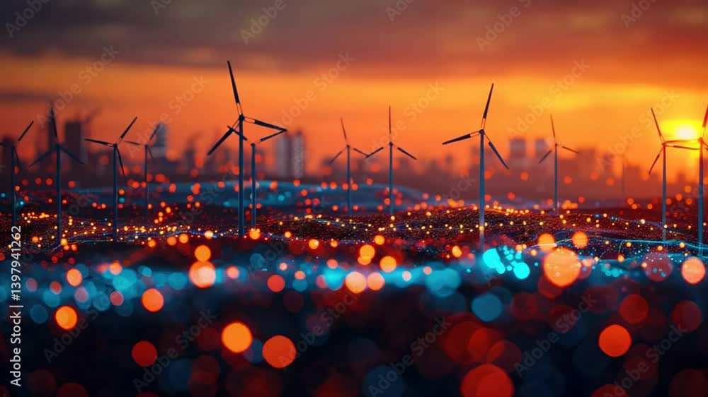 Vibrant sunset over wind turbines and cityscape with bokeh effect