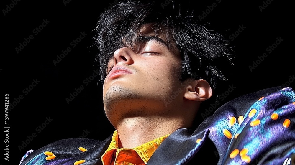 Young man with closed eyes, wearing a colorful jacket, exuding calmness