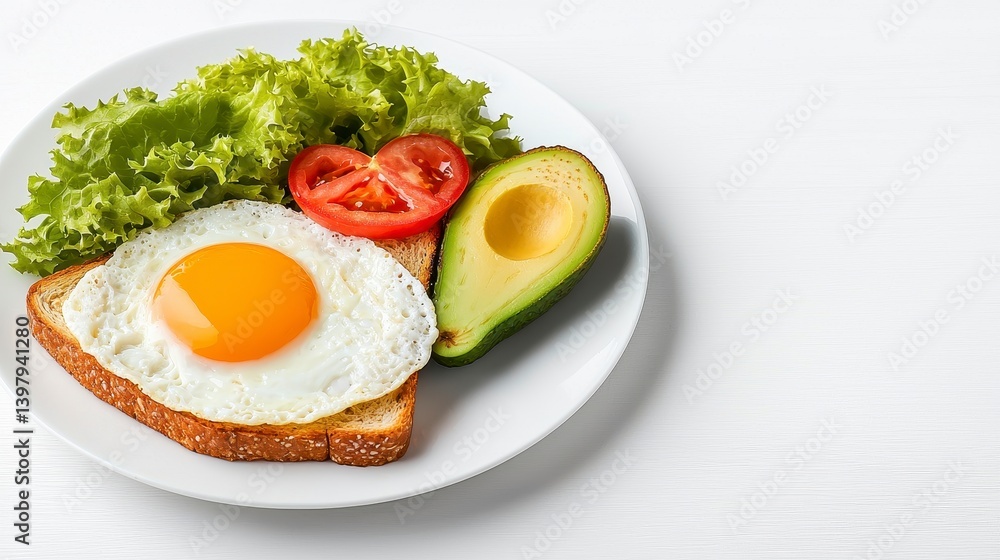 Sunny Side Up Egg White Omelette with Avocado Toast and Salad on White Wooden Background Sunny Side Up Egg White Omelette with Avocado Toast and Salad on White Wooden Background