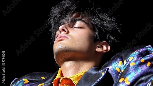 Young man with closed eyes, wearing a colorful jacket, exuding calmness