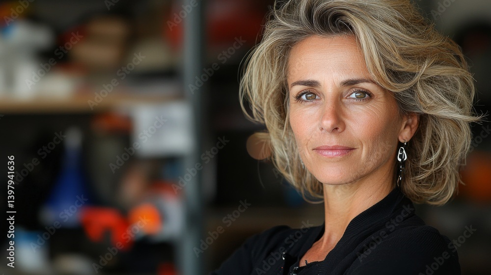 Confident woman with stylish hair posing in a modern workspace