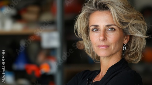 Obraz na płótnie Confident woman with stylish hair posing in a modern workspace w salonie