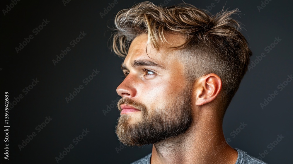 Fototapeta premium Side view portrait of a confident, bearded man with a stylish hairstyle, looking on copyspace.