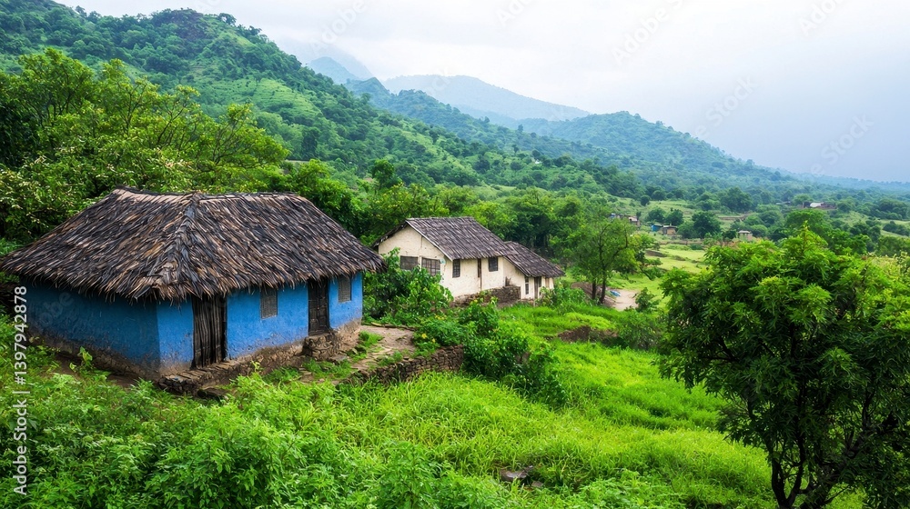 Fototapeta premium Serene Village in Green Hills