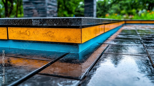 Obraz na płótnie Vibrant colored edges of a wet pavement after rain in a garden setting w salonie