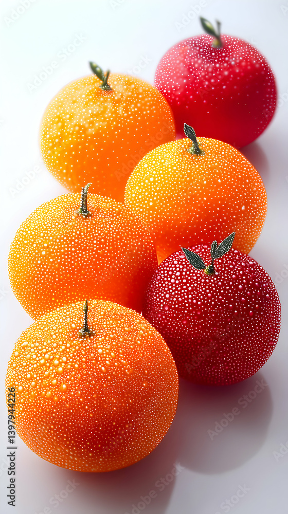 Bright Orange and Red Apples and Oranges on White Background Bright Orange and Red Apples and Oranges on White Background