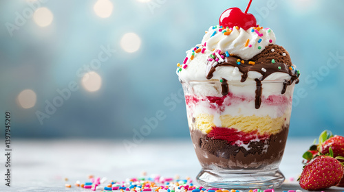 Delicious ice cream sundae dessert table food photography festive setting close-up view sweet treat inspiration