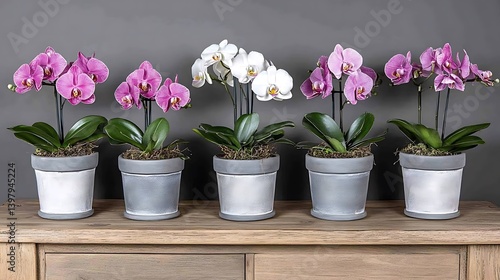Assorted orchid plants in gray pottery pots.