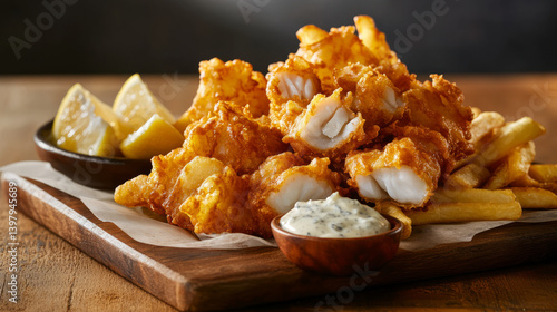 Delicious fish and chips feast coastal restaurant food photography warm atmosphere close-up view culinary delight